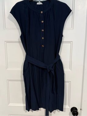 Navy Cap-Sleeve Tie-Waist Mini Dress